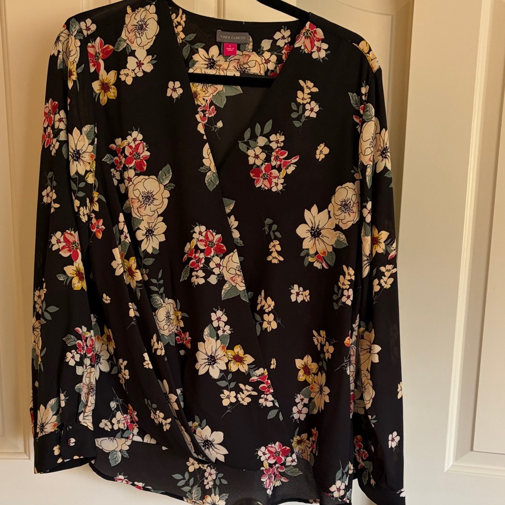 Vince Camuto Black Floral Wrap Blouse